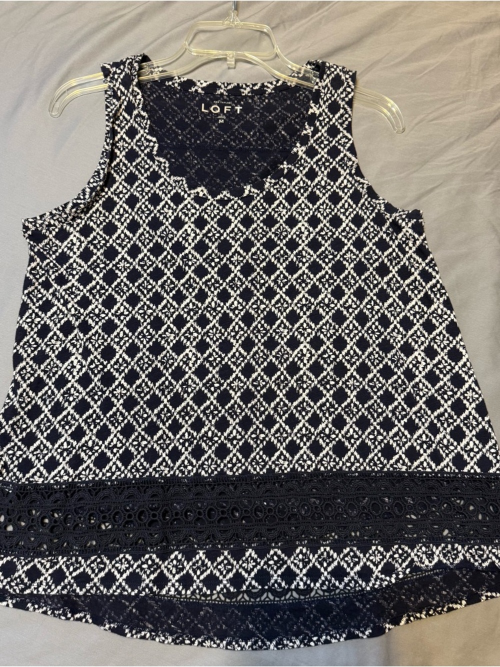 LOFT Navy and White Diamond Lace-Trim Tank